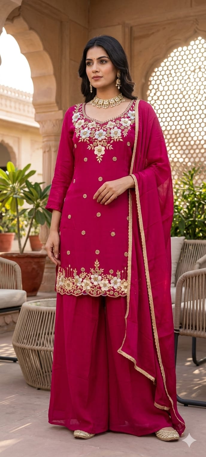 Premium Chinon Intricate Floral Embroidered Full Suit Set with Dupatta & Palazzo Bottom- 14012