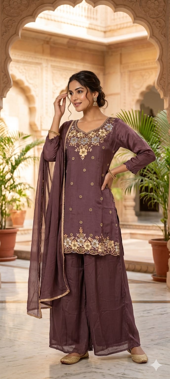 Premium Chinon Intricate Floral Embroidered Full Suit Set with Dupatta & Palazzo Bottom- 14012