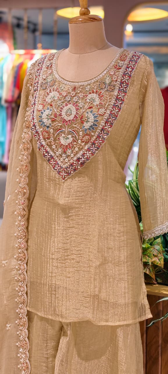 Metallic Gold Crush Tissue Sharara Full Suit Set with Intricate Hand-Embroidered Floral Neckline- 14034
