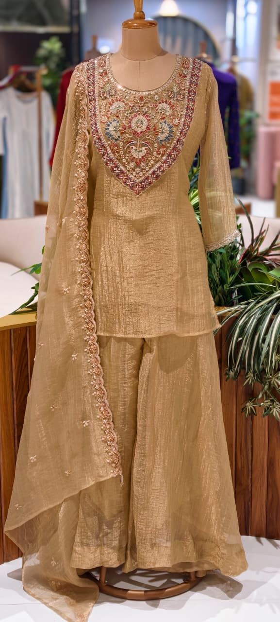 Metallic Gold Crush Tissue Sharara Full Suit Set with Intricate Hand-Embroidered Floral Neckline- 14034