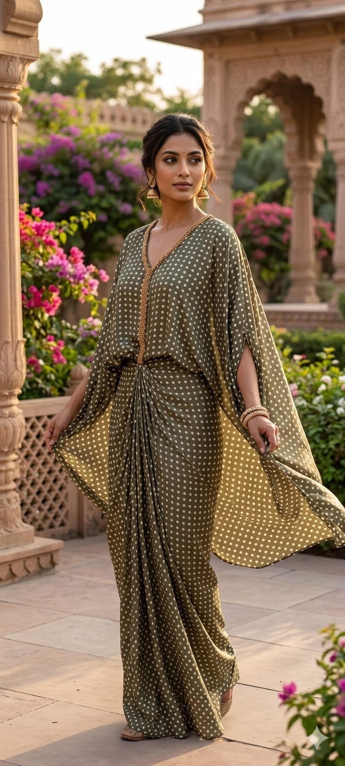 Bold Look Polka Printed Indo-Western Wear With Golden Beads Highlights On The Neckline