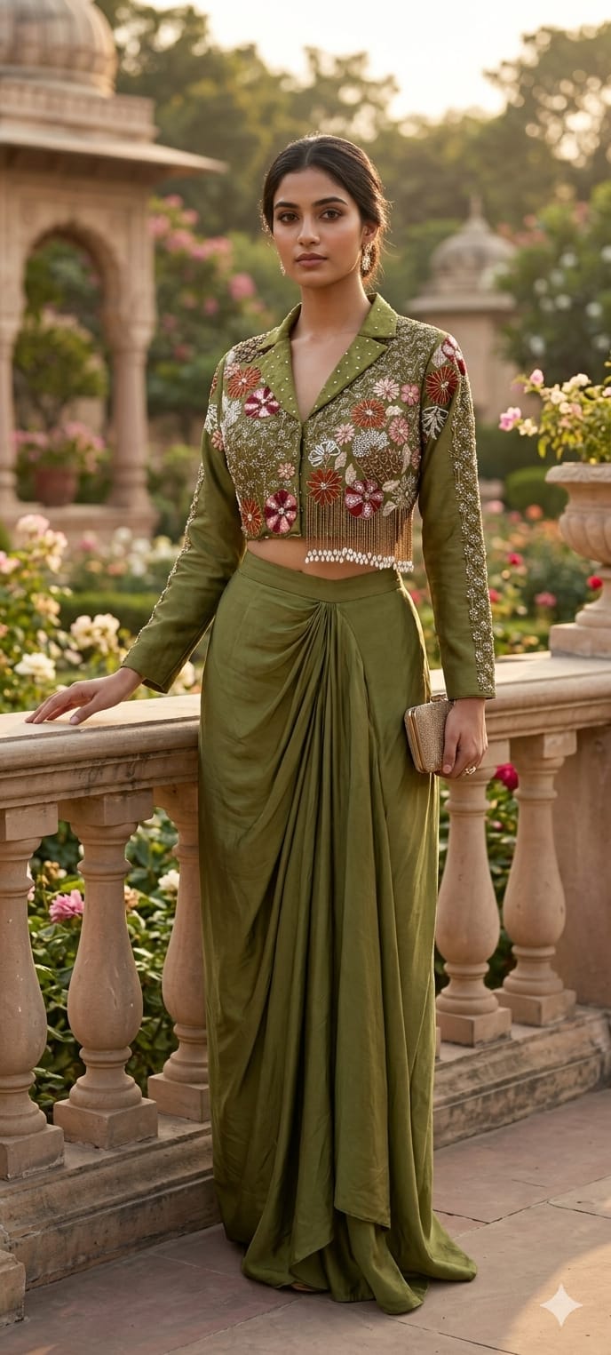 Mosse Green Very Elegant Cut-Dana Floral Work Tassled Collared Crop Top With Flowy Drape Skirt