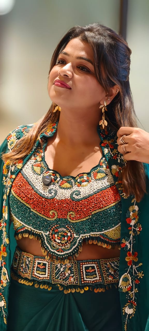 Tribal Inspired Indo-Western Fusion Set with Heavily Hand-Embroidered Crop Top, Draped Skirt, and Cape- 12975