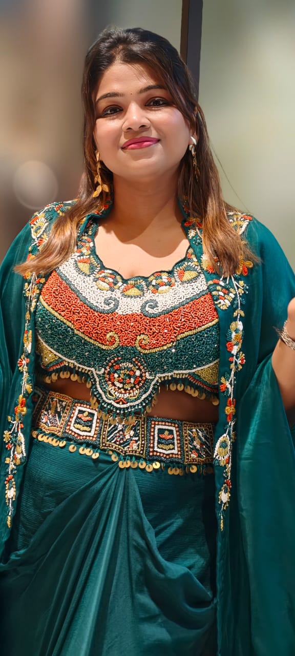 Tribal Inspired Indo-Western Fusion Set with Heavily Hand-Embroidered Crop Top, Draped Skirt, and Cape- 12975
