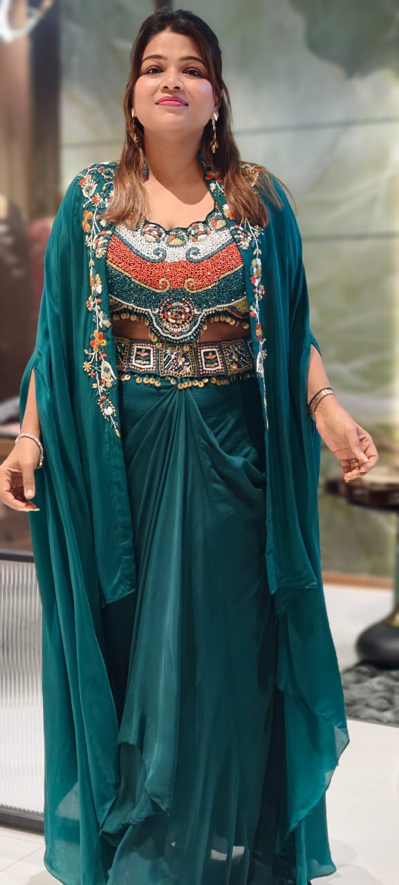 Tribal Inspired Indo-Western Fusion Set with Heavily Hand-Embroidered Crop Top, Draped Skirt, and Cape- 12975