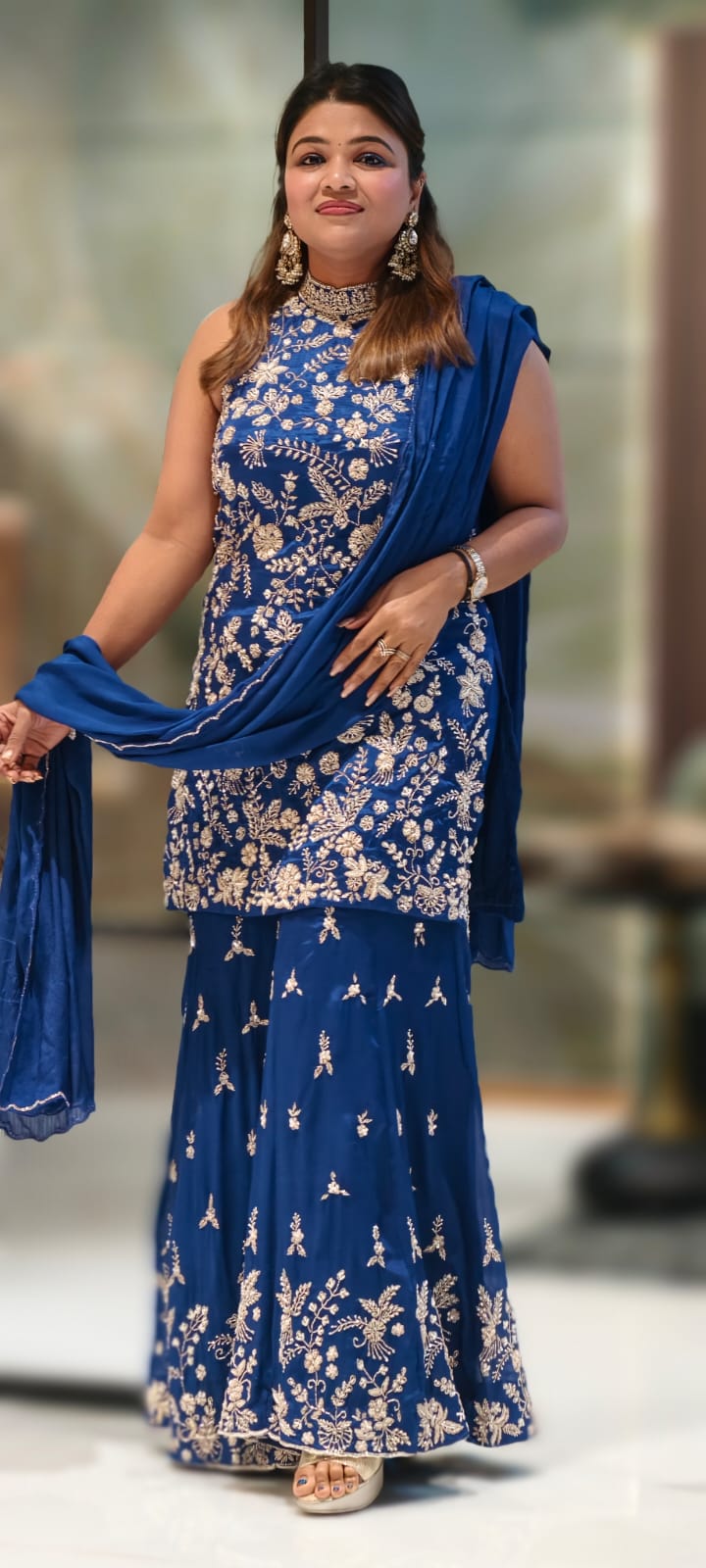 Royal Blue Premium Chinon Sharara Set with All-Over Silver-Gold Floral Embroidery Accents- 13391