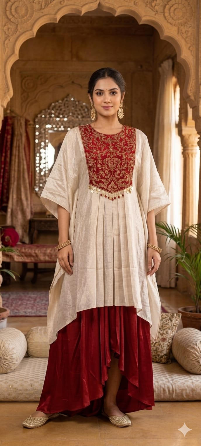 Ivory Premium Tissue Pleated Kaftan Tunic with Embroidered Intricate Gold Zari Maroon Yoke & Skirt Set- 11396