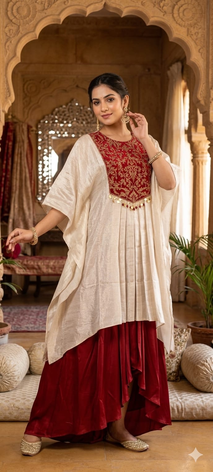 Ivory Premium Tissue Pleated Kaftan Tunic with Embroidered Intricate Gold Zari Maroon Yoke & Skirt Set- 11396