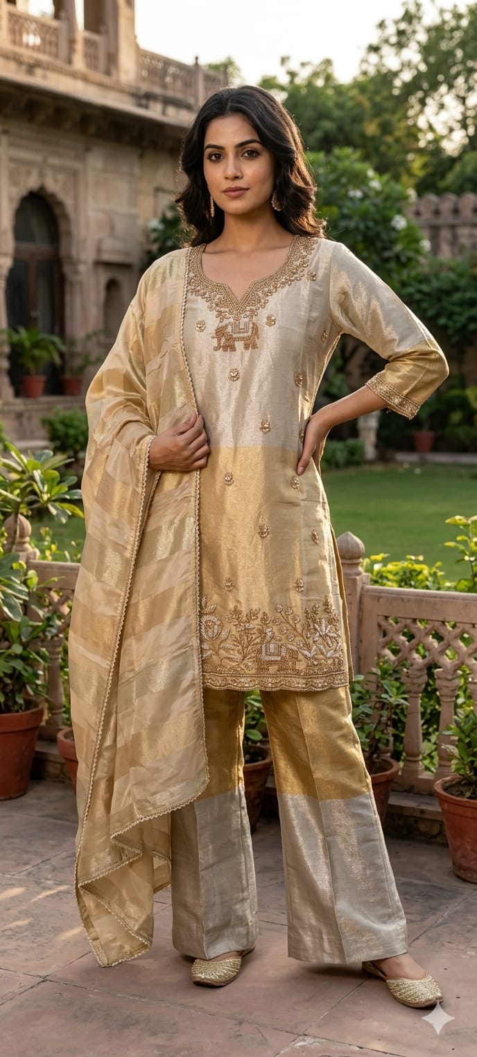 Ivory Intricate Cut-Dana Embroidered Dual Tone Shimmery Tissue Palazzo Full Suit Set With Dupatta- 14003