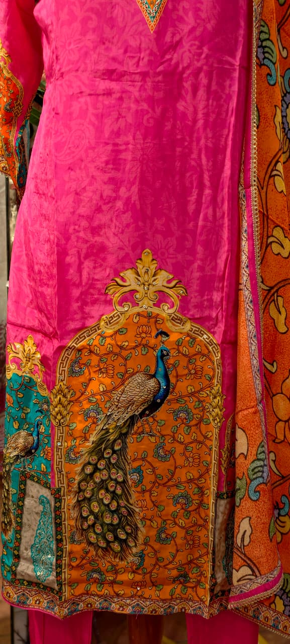 Vibrant Fuschia Elegance Peacock Inspired Digital Print Crepe Full Suit Set With Dupatta