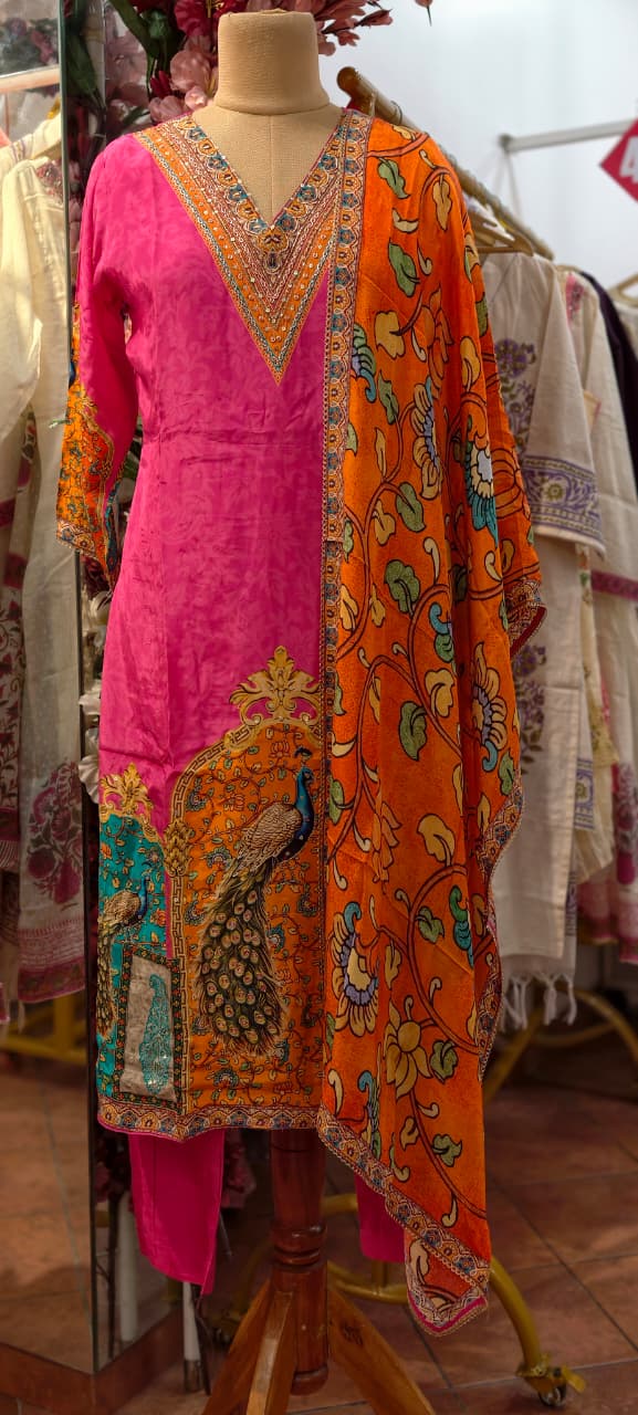 Vibrant Fuschia Elegance Peacock Inspired Digital Print Crepe Full Suit Set With Dupatta