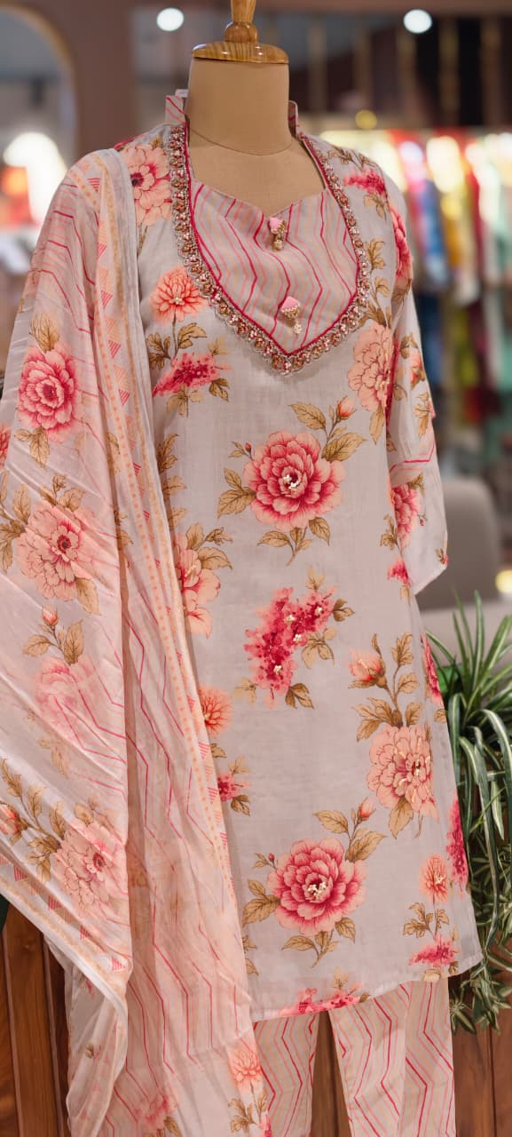 Gulmohar Floral Printed Unique Yoke Fancy Full Suit Set With Dupatta