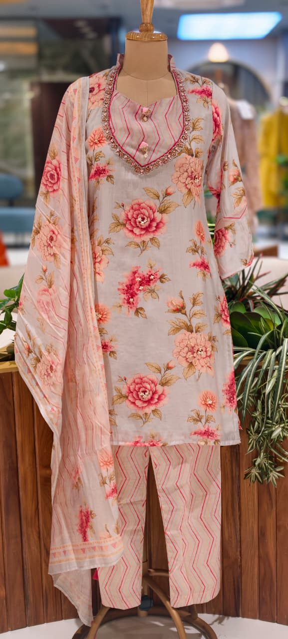 Gulmohar Floral Printed Unique Yoke Fancy Full Suit Set With Dupatta