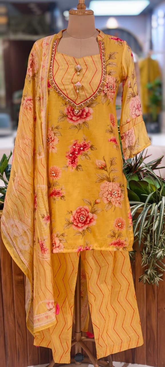 Gulmohar Floral Printed Unique Yoke Fancy Full Suit Set With Dupatta