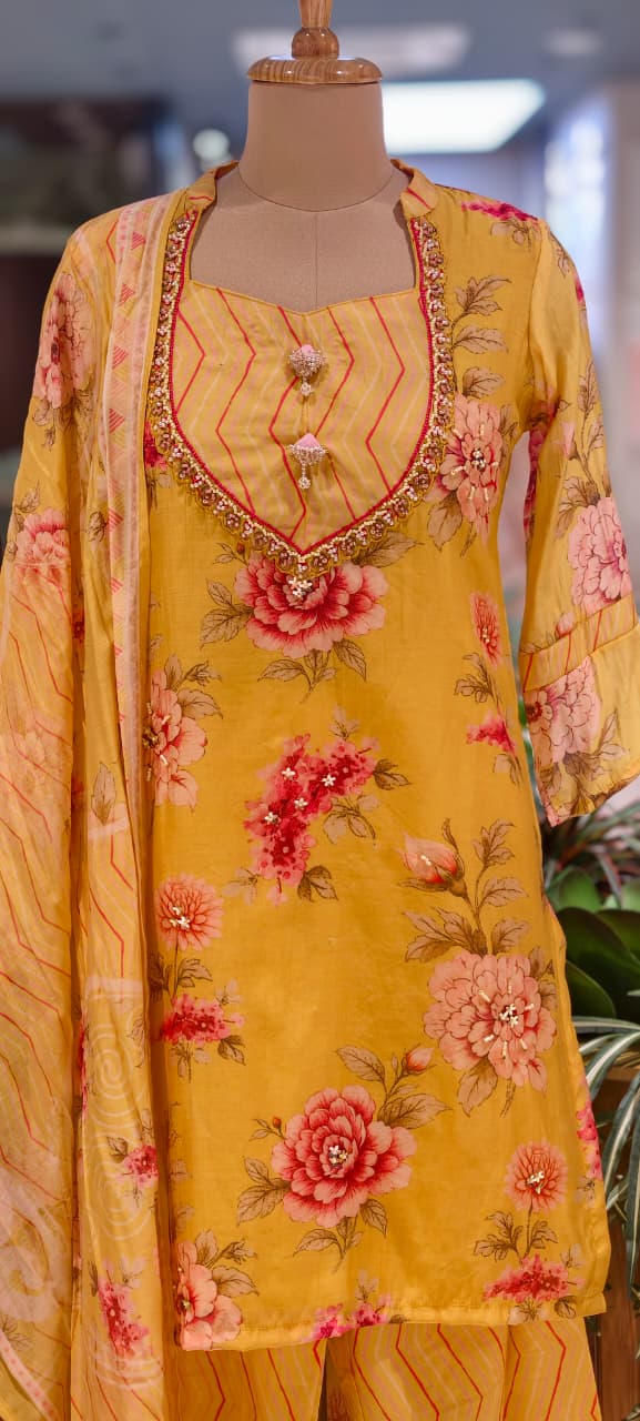 Gulmohar Floral Printed Unique Yoke Fancy Full Suit Set With Dupatta