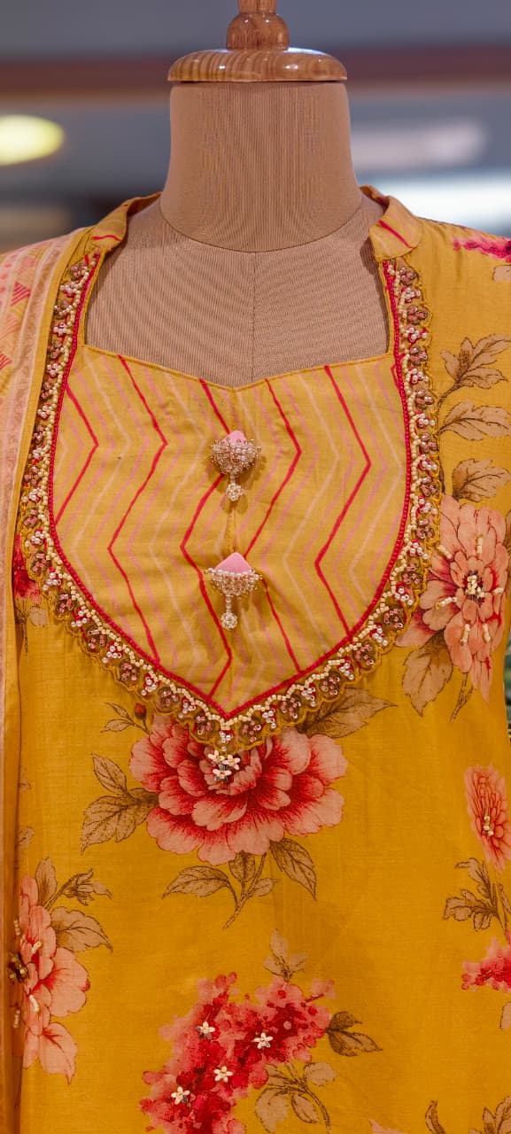 Gulmohar Floral Printed Unique Yoke Fancy Full Suit Set With Dupatta