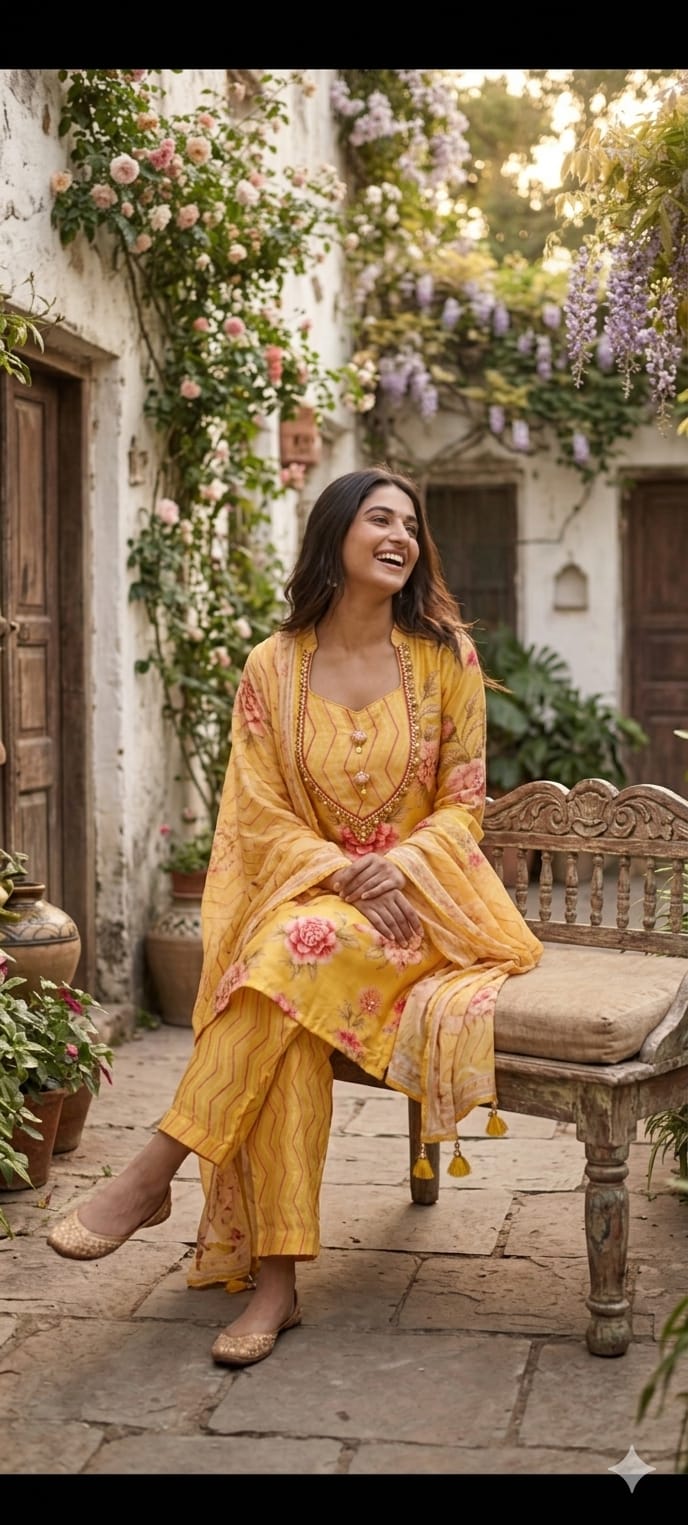 Gulmohar Floral Printed Unique Yoke Fancy Full Suit Set With Dupatta