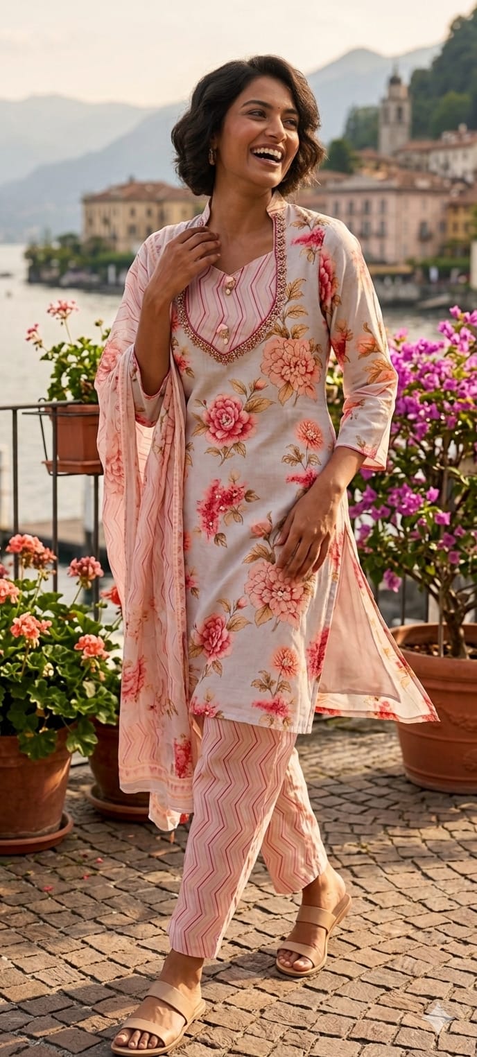 Gulmohar Floral Printed Unique Yoke Fancy Full Suit Set With Dupatta
