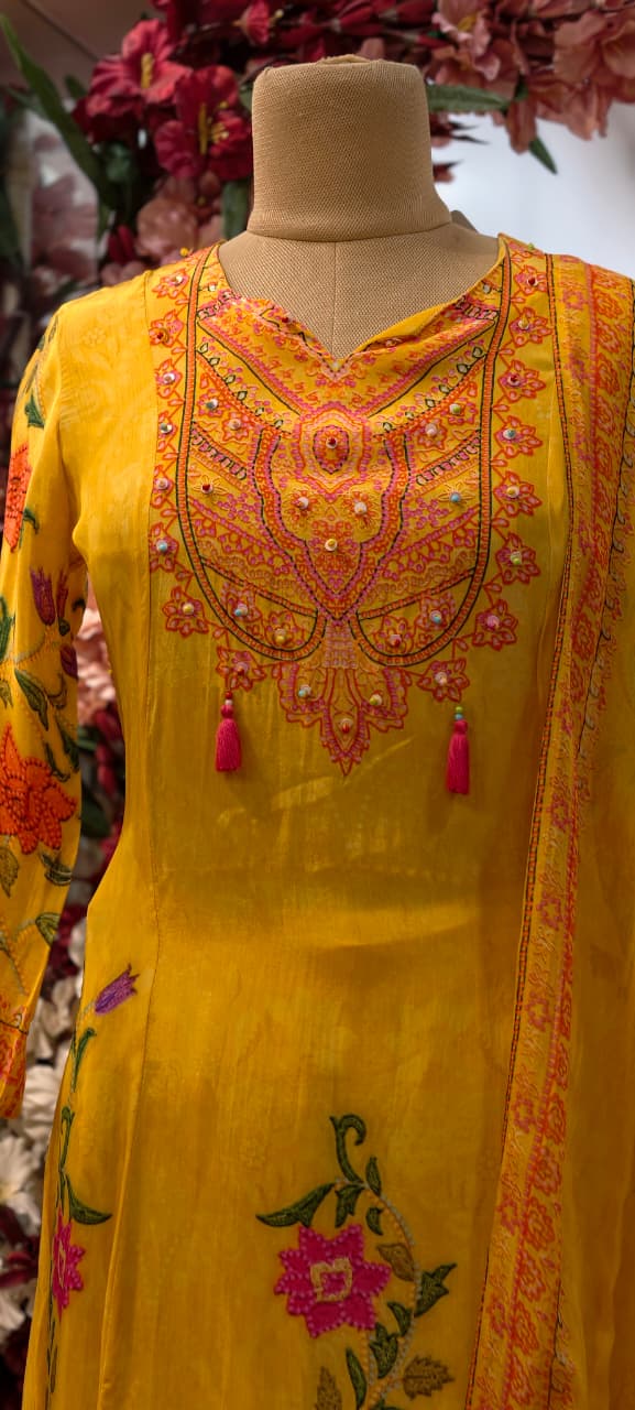 Mango Yellow Digital Floral Print Tassel Accent Crepe Full Suit Set With Dupatta- 13148