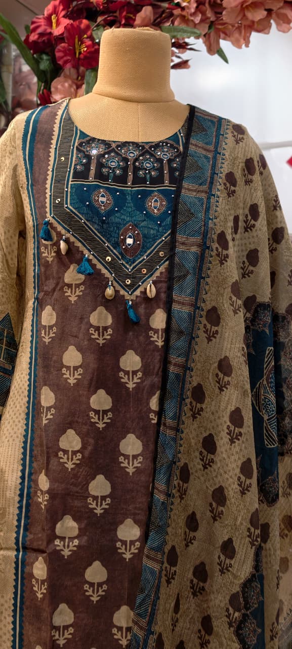 Vintage Boho Indigo & Coffee Brown Printed A-Line Russian Silk Full Suit Set With Dupatta