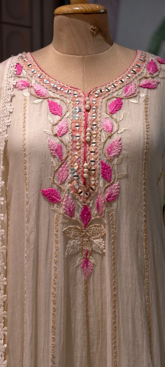 Fuchsia Blossom Ivory-Beige Festive Panel Anarkali Full Suit Set with Mirror Work & Lace Dupatta- 14400