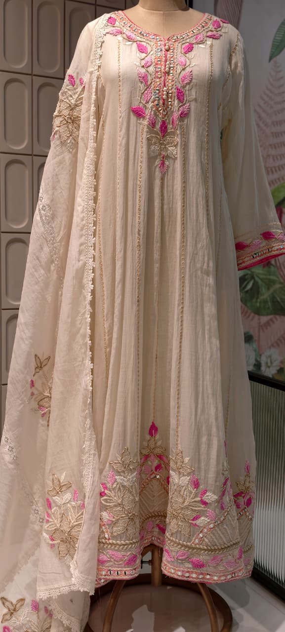 Fuchsia Blossom Ivory-Beige Festive Panel Anarkali Full Suit Set with Mirror Work & Lace Dupatta- 14400