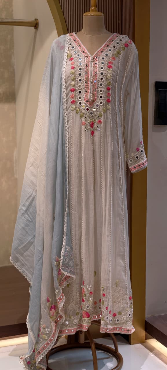 Meera Ivory Pastel-Embroidered Festive Wear Panel Anarkali Full Suit Set with Powder Blue Lace Dupatta- 14399