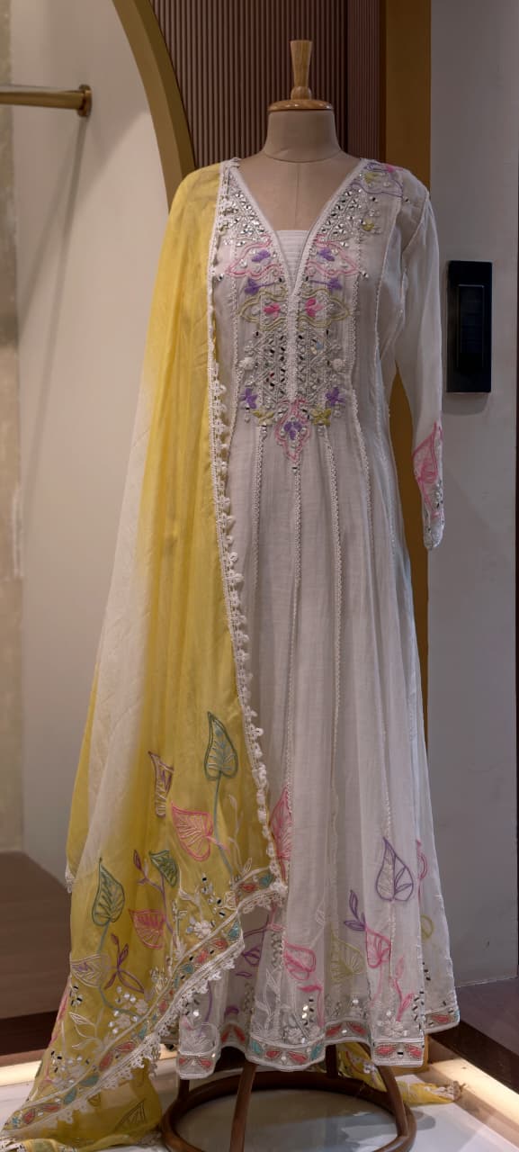 Gulnar Ivory Premium Lace Trimmed Panel Anarkali Full Suit Set with Sun-Kissed Yellow Dupatta- 14401