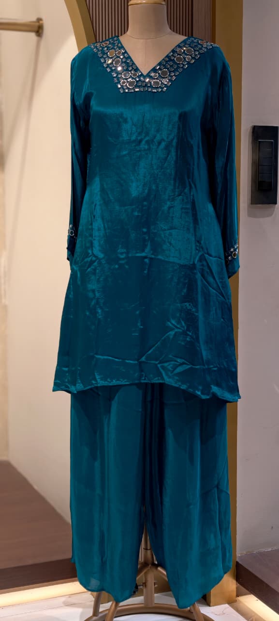 Premium Crepe Real Mirror Motifs Flowy Short Length Kurta With Palazzo Bottom & Dupatta- 13969