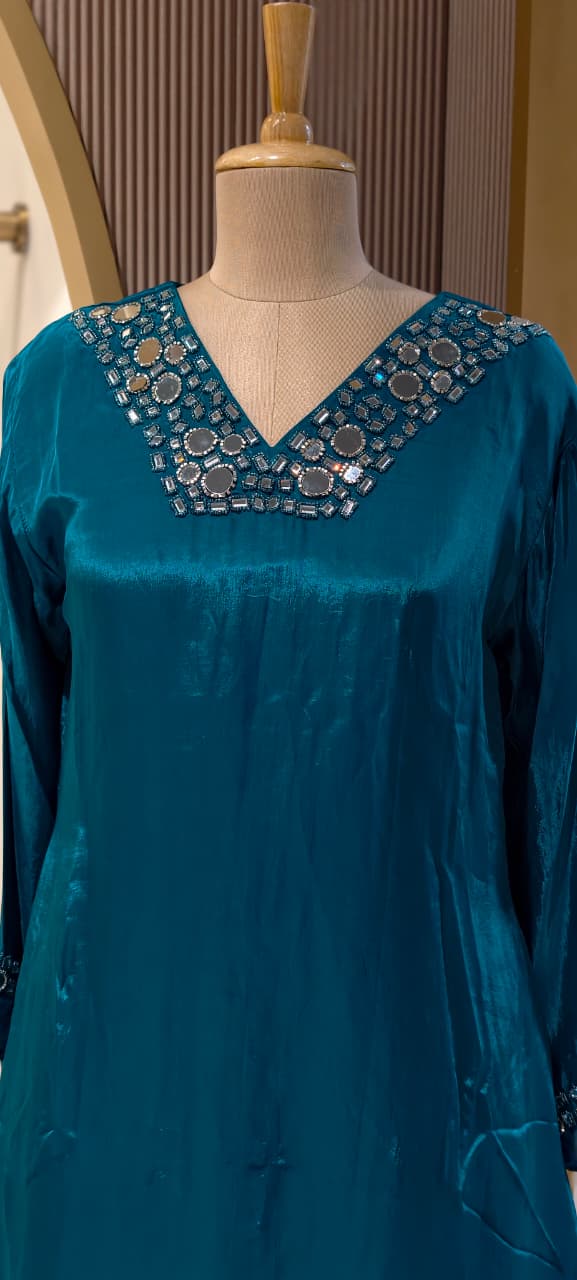 Premium Crepe Real Mirror Motifs Flowy Short Length Kurta With Palazzo Bottom & Dupatta- 13969