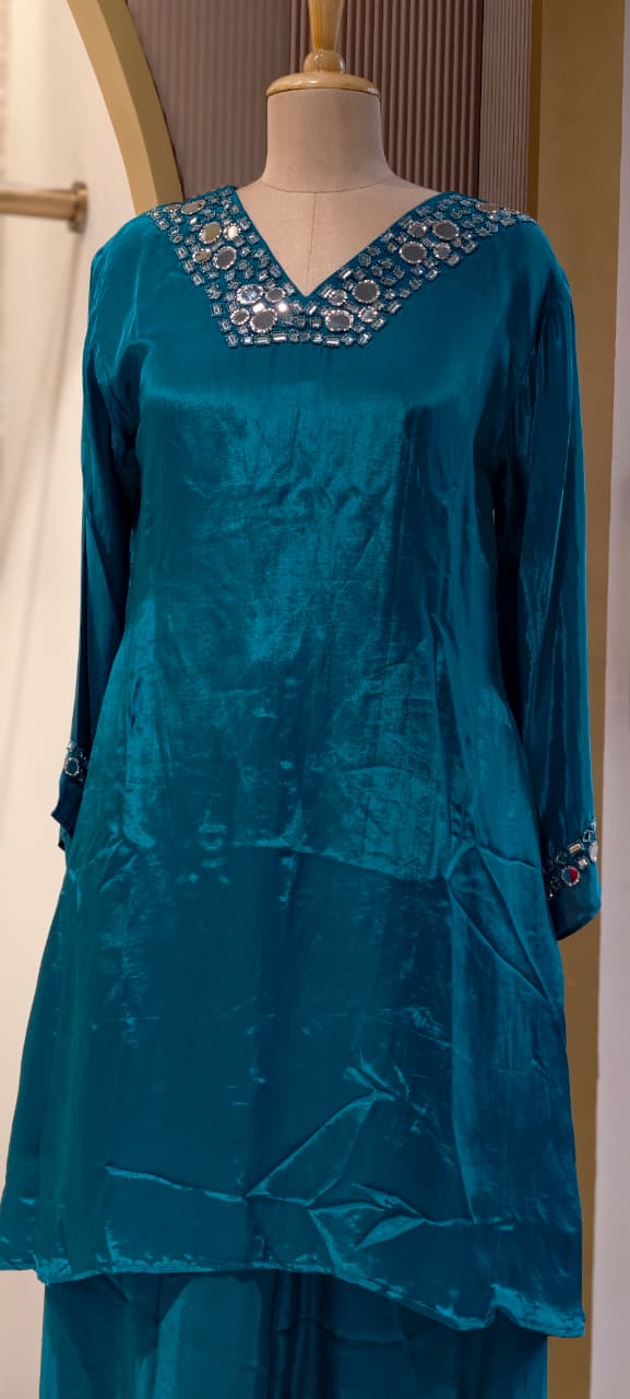 Premium Crepe Real Mirror Motifs Flowy Short Length Kurta With Palazzo Bottom & Dupatta- 13969