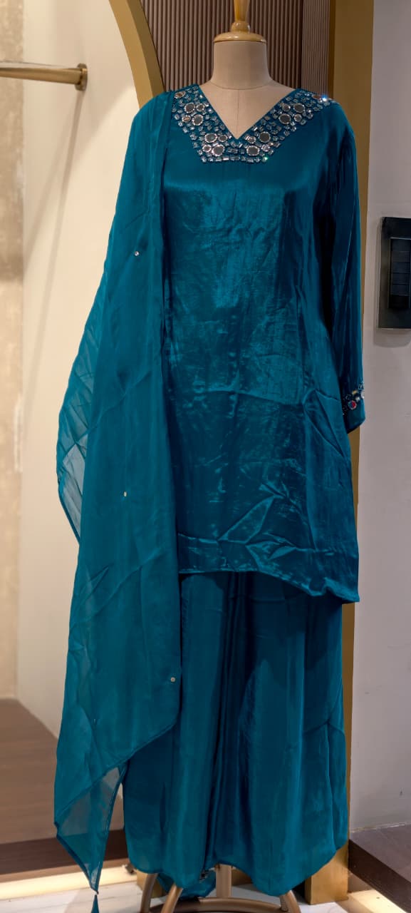 Premium Crepe Real Mirror Motifs Flowy Short Length Kurta With Palazzo Bottom & Dupatta- 13969