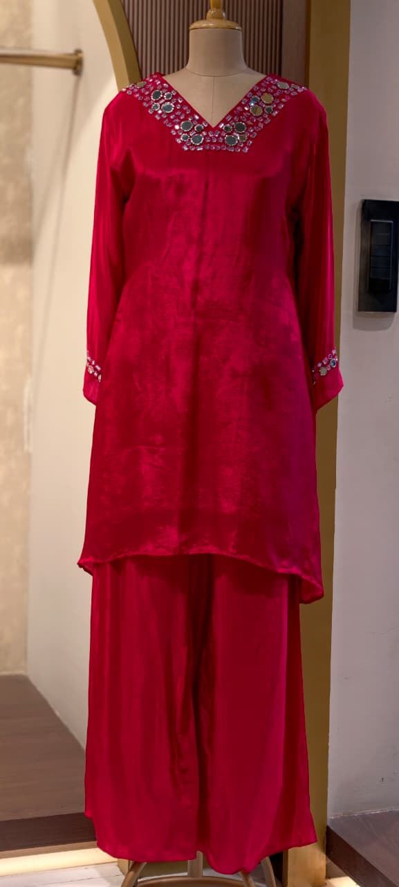 Premium Crepe Real Mirror Motifs Flowy Short Length Kurta With Palazzo Bottom & Dupatta- 13969
