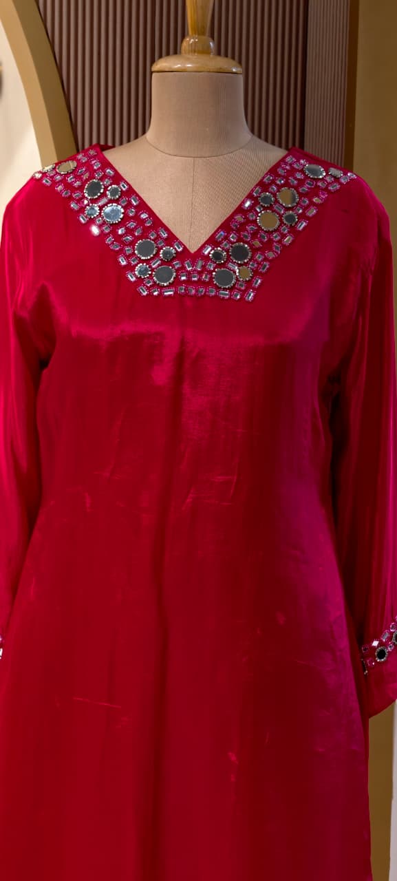 Premium Crepe Real Mirror Motifs Flowy Short Length Kurta With Palazzo Bottom & Dupatta- 13969