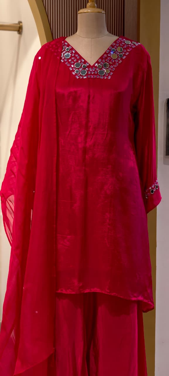 Premium Crepe Real Mirror Motifs Flowy Short Length Kurta With Palazzo Bottom & Dupatta- 13969