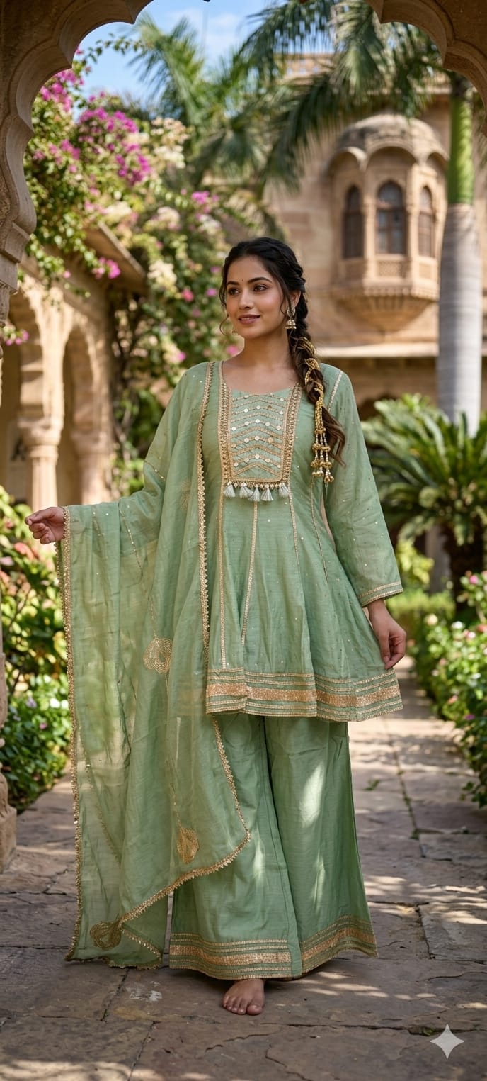 Mul Chanderi Zardosi Gota Patti Embroidered Chanderi Peplum Short Kurta with Palazzo Pant & Dupatta Set- 14282