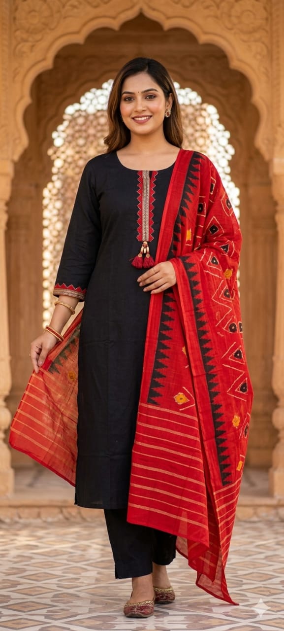 Zig-Zag Abstract Print Cotton Twin Color Full Suit Set With Dupatta