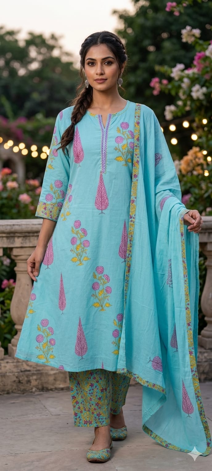 Floral Block Print Leafy Elegance A-Line Cotton Full Suit Set With Dupatta