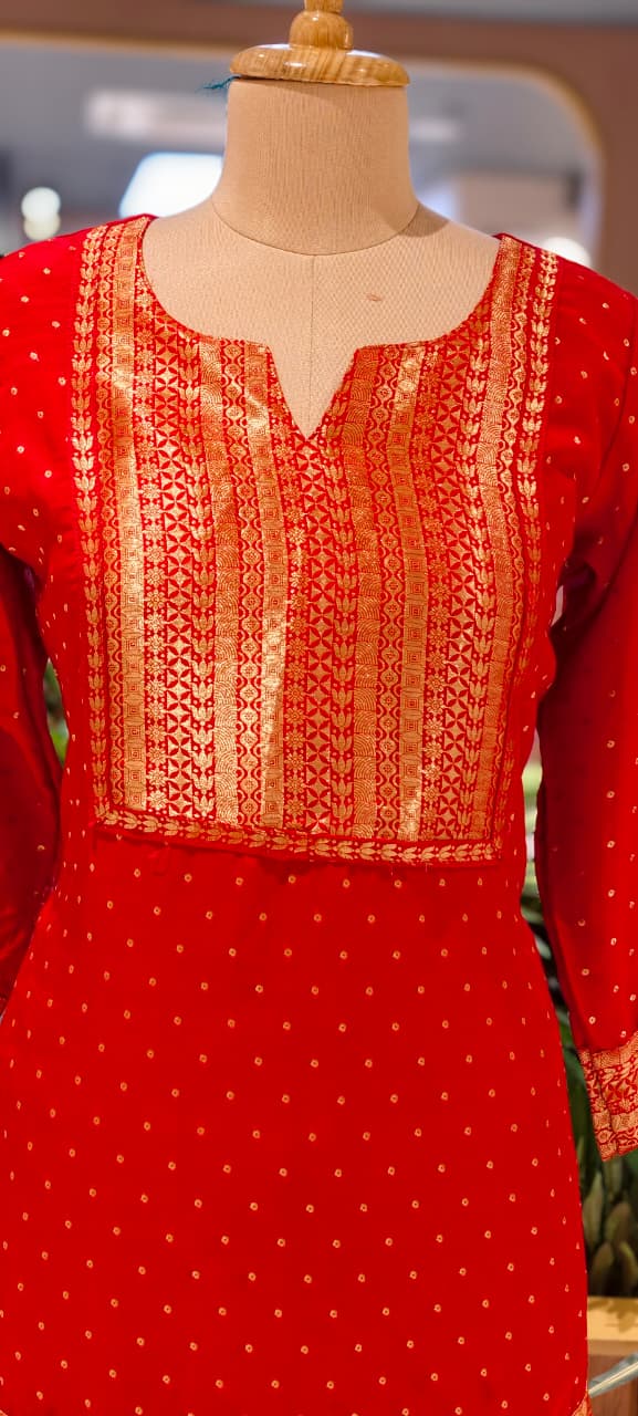 Banarasi Touch Pure Georgette Co-Ord Set With Farsi & Palazzo Bottom
