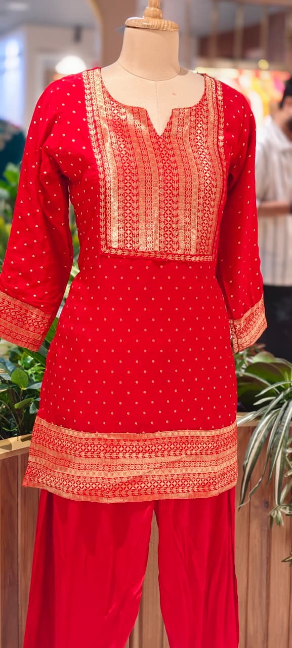 Banarasi Touch Pure Georgette Co-Ord Set With Farsi & Palazzo Bottom