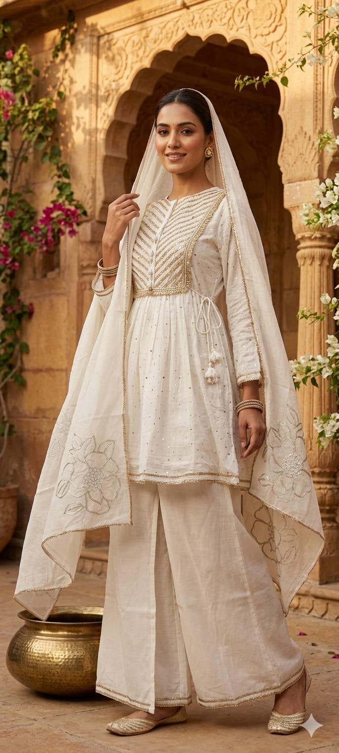 Ivory Golden Intricate Zari Embroidery Premium Peplum Short Length Full Suit Set with Elegant Organza Dupatta- 14282