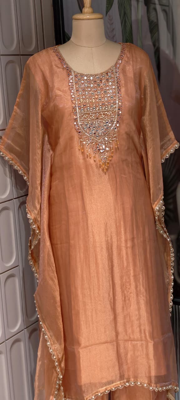 Ethereal Radiant Grace Peach Shimmer Tissue Mirror-Work Kaftan With Bottom- 14934