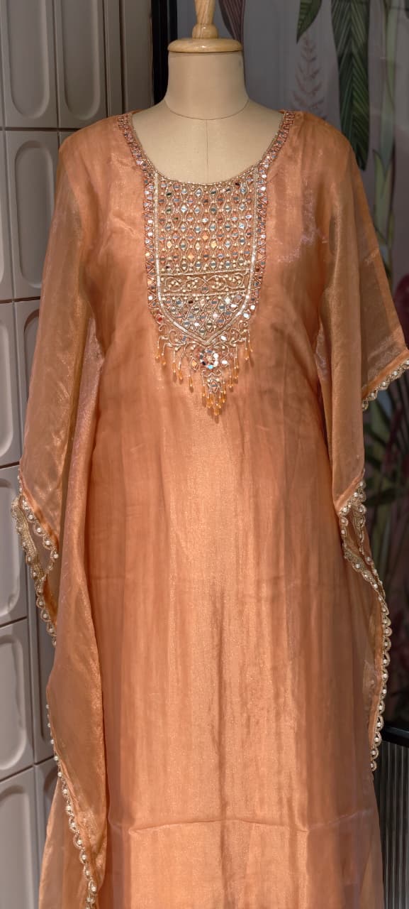Ethereal Radiant Grace Peach Shimmer Tissue Mirror-Work Kaftan With Bottom- 14934
