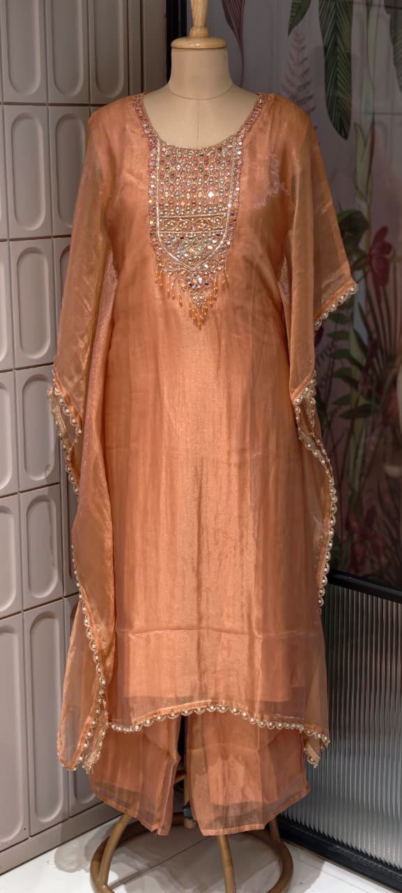 Ethereal Radiant Grace Peach Shimmer Tissue Mirror-Work Kaftan With Bottom- 14934