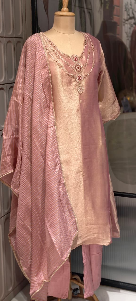 Elegant Classic Shiny Jewel Look Hand-Embellished Neckline Tissue A-Line Full Suit Set With Dupatta- 14935