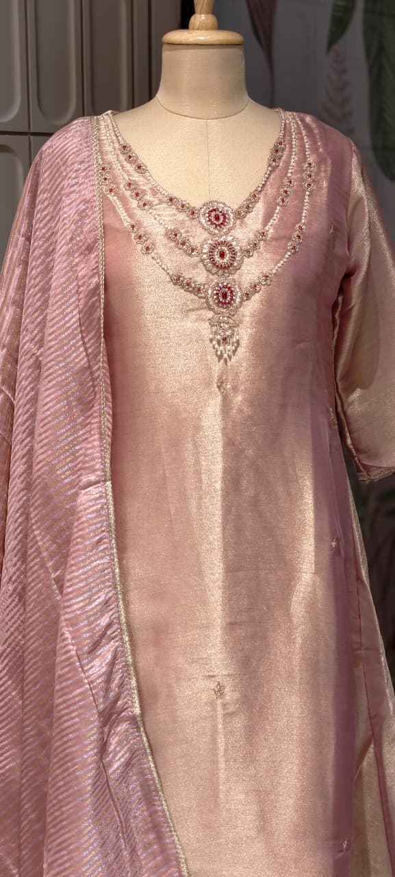 Elegant Classic Shiny Jewel Look Hand-Embellished Neckline Tissue A-Line Full Suit Set With Dupatta- 14935