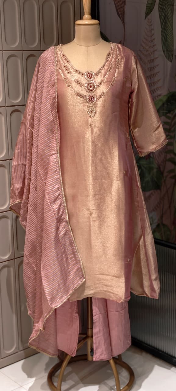 Elegant Classic Shiny Jewel Look Hand-Embellished Neckline Tissue A-Line Full Suit Set With Dupatta- 14935