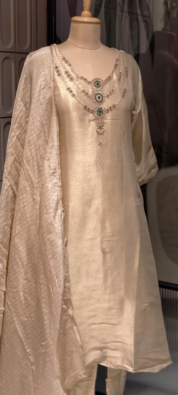 Elegant Classic Shiny Jewel Look Hand-Embellished Neckline Tissue A-Line Full Suit Set With Dupatta- 14935