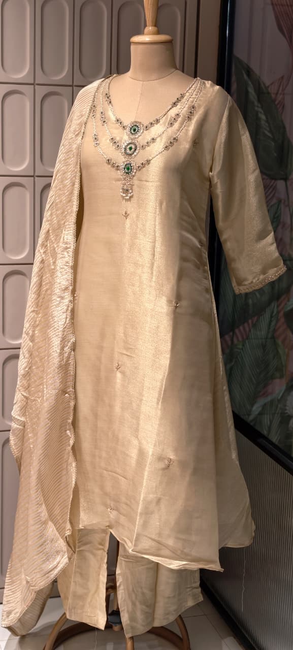 Elegant Classic Shiny Jewel Look Hand-Embellished Neckline Tissue A-Line Full Suit Set With Dupatta- 14935