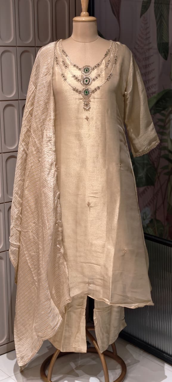 Elegant Classic Shiny Jewel Look Hand-Embellished Neckline Tissue A-Line Full Suit Set With Dupatta- 14935